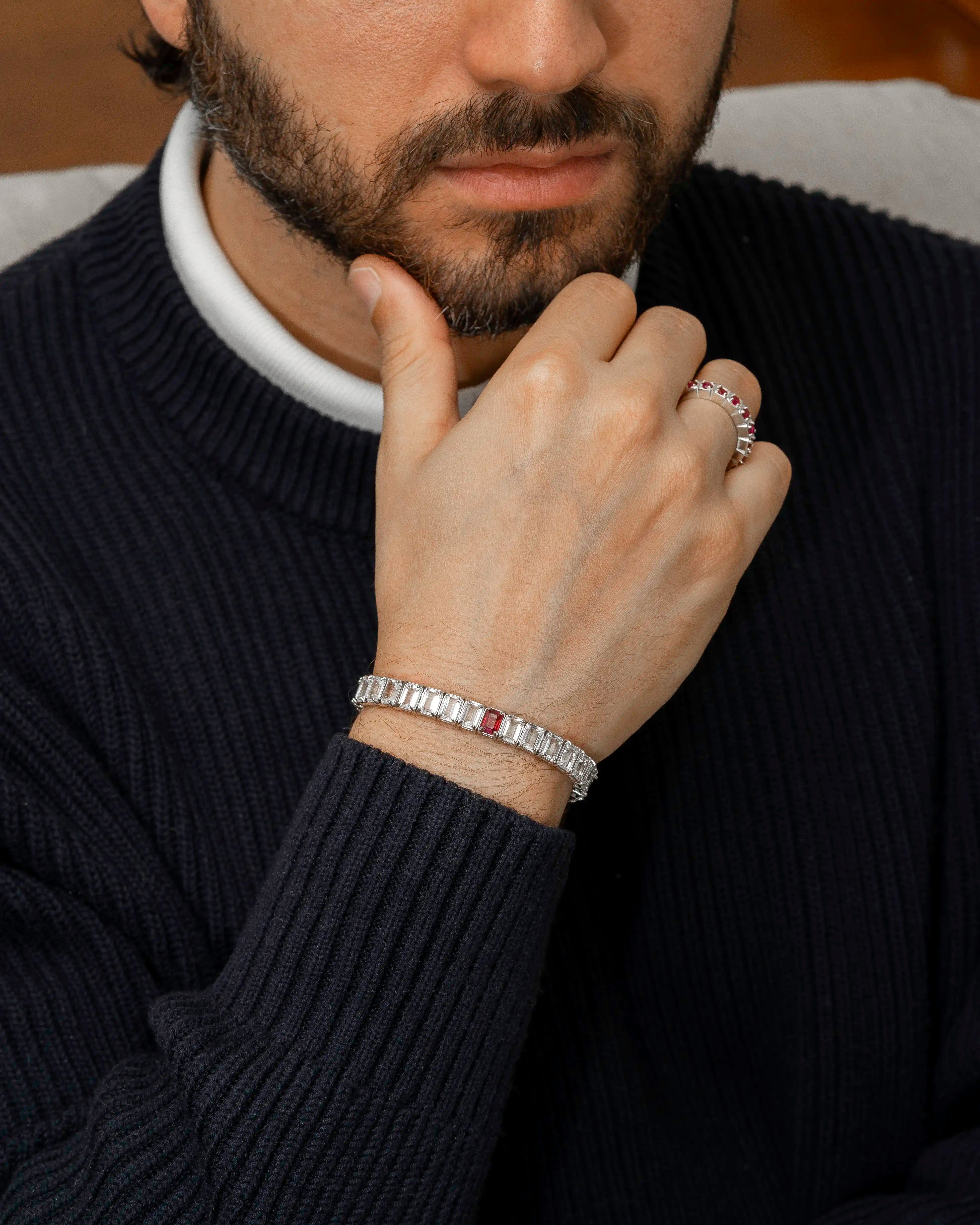 Pulseira Riviera Rubi + Topázios Brancos Retangular 4x6mm