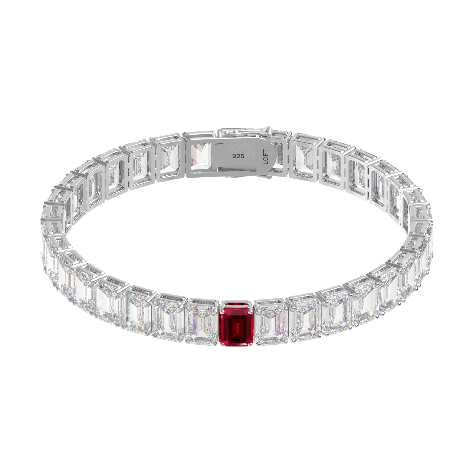 Pulseira Riviera Rubi + Topázios Brancos Retangular 4x6mm