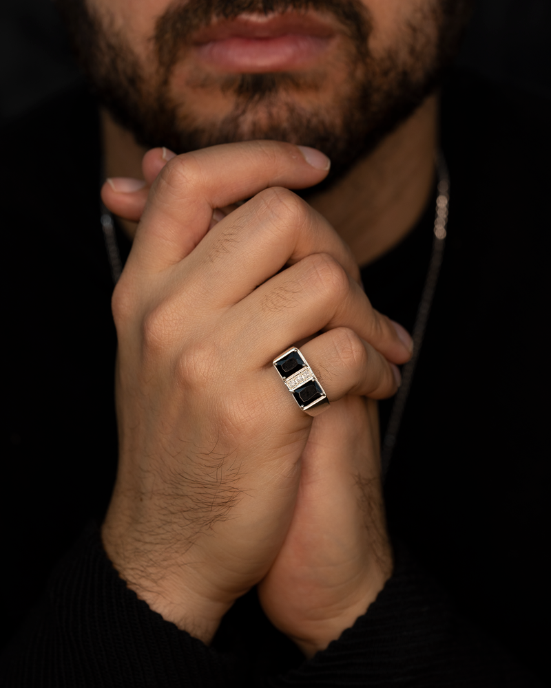 Anel Duplo Ônix + 3 Diamantes