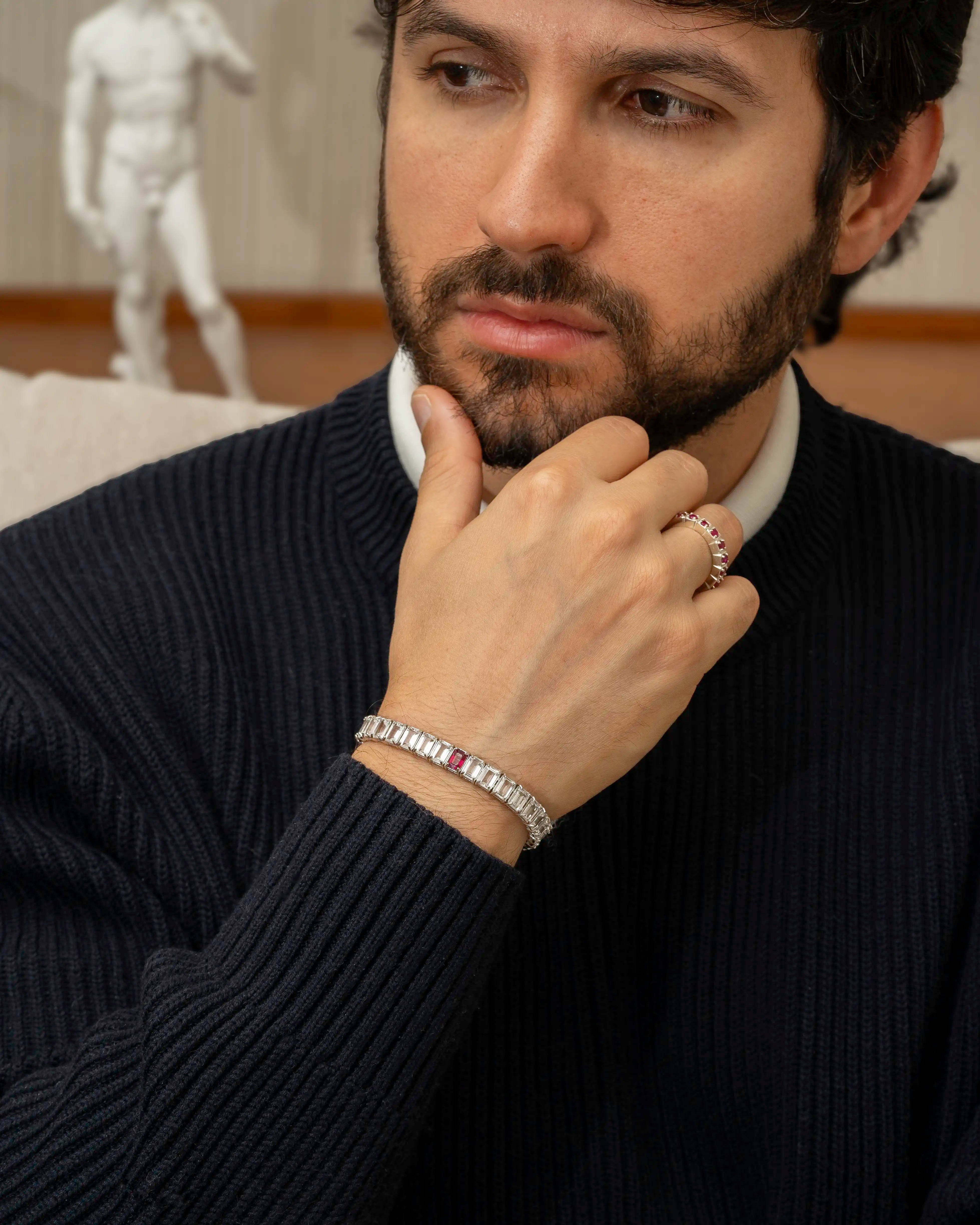 Pulseira Riviera Rubi + Topázios Brancos Retangular 4x6mm